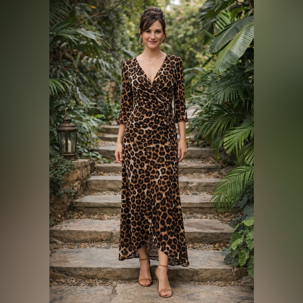 NWTS Monroe & Main Size M Leopard Animal Print Wrap Around Dress Safari Glam